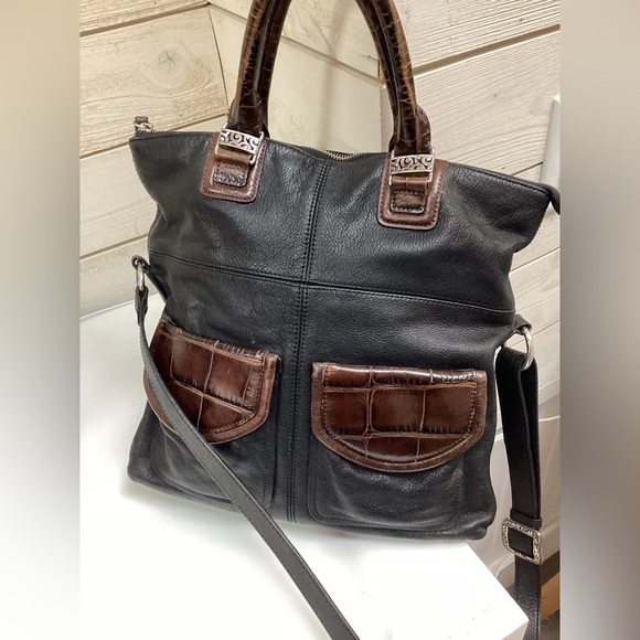 Handbags - Brighton Black & Brown Leather Tote Bag with Silver Hardware